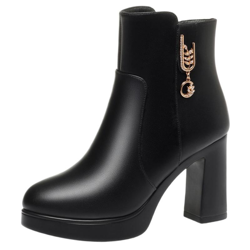 Dámské kotníkové boty na vysokém podpatku nové zimní sametové bavlněné boty temperamentní silný podpatek kožené boty teplé mateřské boty