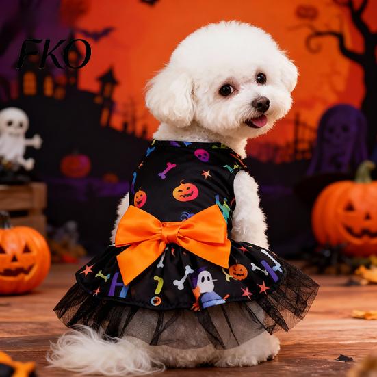 Sleeveless Dog Dress Halloween Tulle with Bow, Skull Print Pet Outfit, Daily Wear Costume Girl Party for Small Dogs Cats Lightweight Clothes