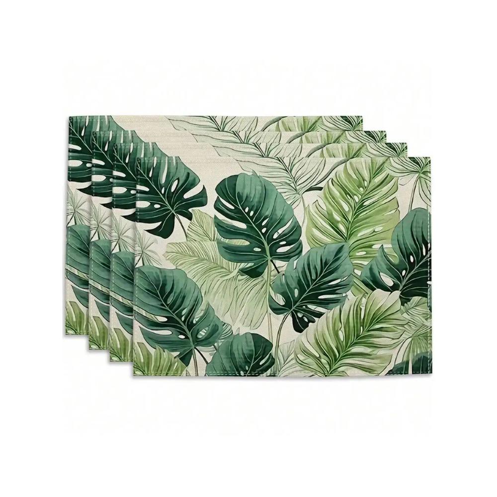 4pcs Tropical Leaf Printing Table Placemats Green Leaves Printed for Tables Linen Table Mat Home Kitchen Dining Pads