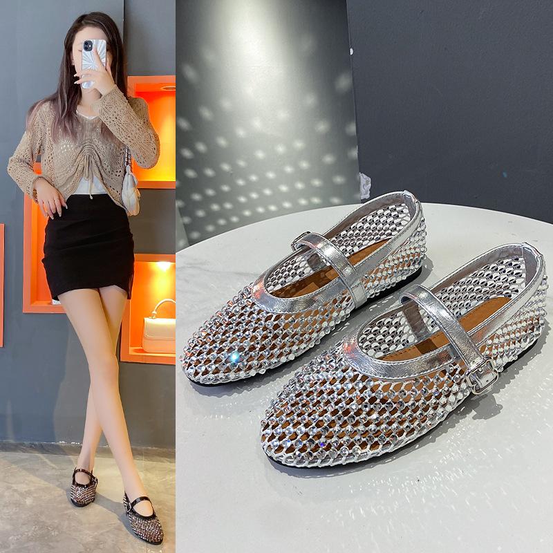 Hollow and breathable full diamond Mary Jane shoes for women's 2025 summer new temperament French flat soft sole with skirt light mouth single shoes