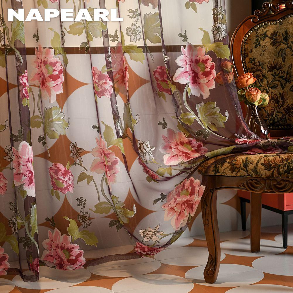 1PC Modern Fashionable Retro Peony Printed Transparent Sheer Window Curtain for Living Room Bedroom Home Decor NAPEARL
