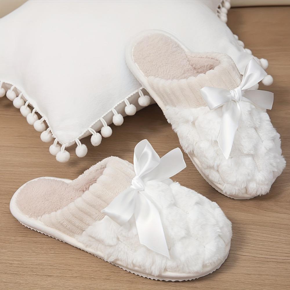 Monochrome Home Warm Slippers, Soft Bottom Fluffy Flat Bow Decorative Shoes, Winter Plush Comfortable Non-slip Shoes