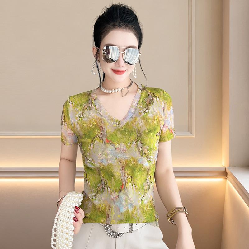 Women Green Landscape Floral Oil Painting Print V Neck Mesh Short Sleeve Top