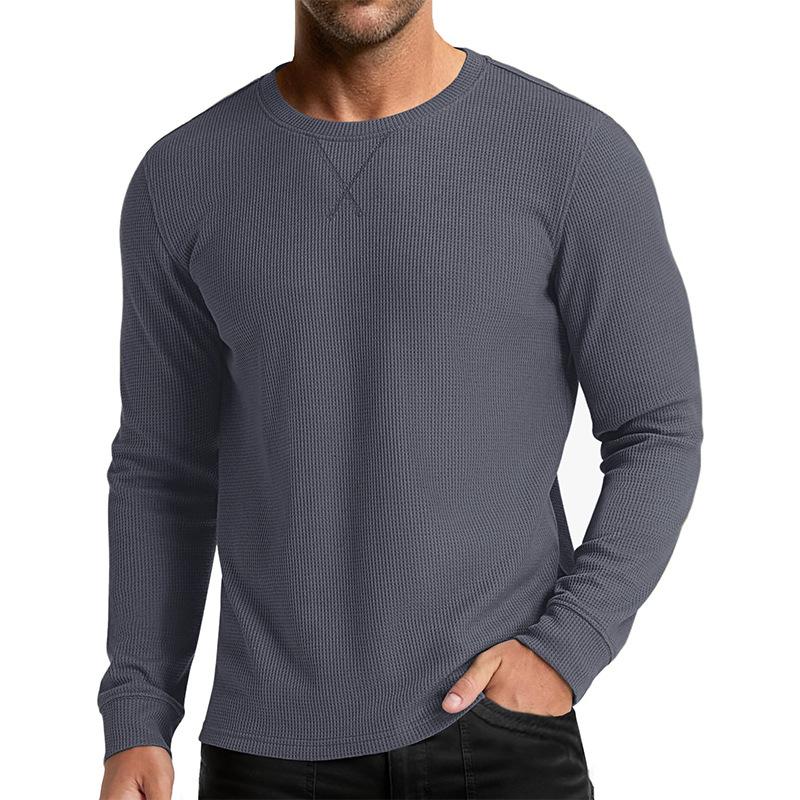 New Men's Long-sleeved Round Neck T-shirt Autumn and Winter Waffle Bottoming Shirt Top