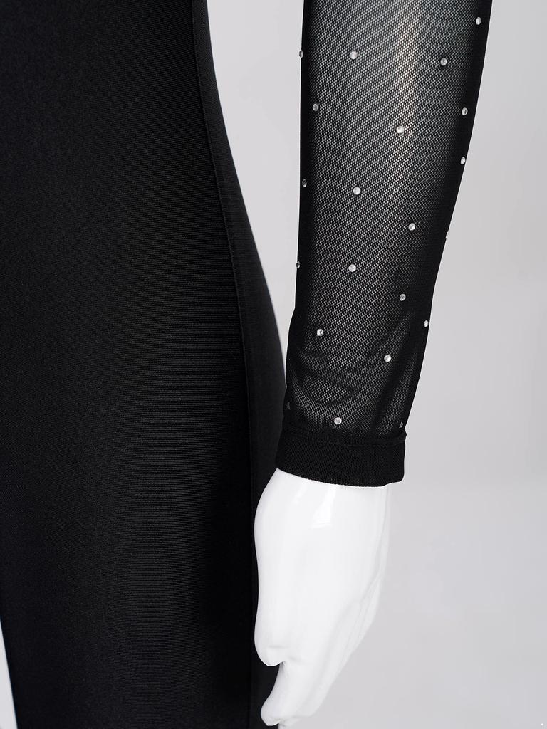 Girls Glittery Gymnastics Jumpsuit One Shoulder Sheer Mesh Long Sleeve Rhinestone Bodysuit Skating Wear