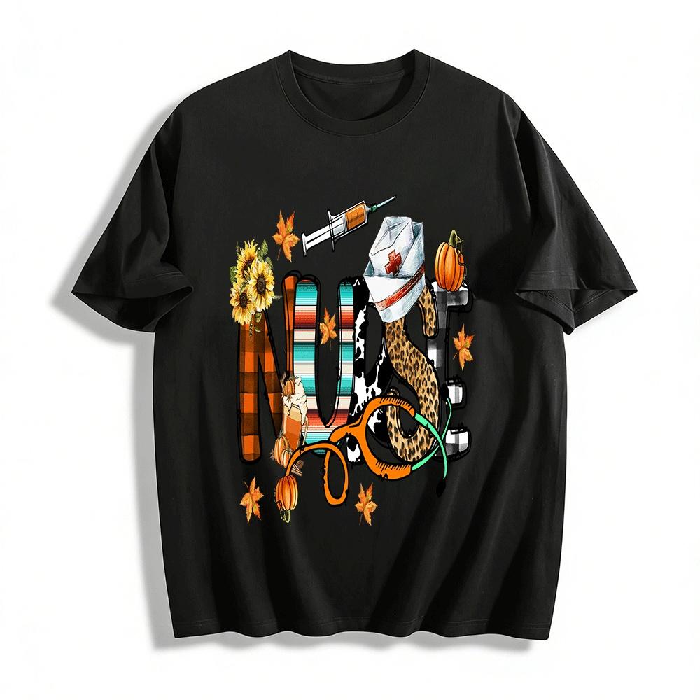 Fall Nurse Themed Print Casual Top Pure cotton T-shirt XXS