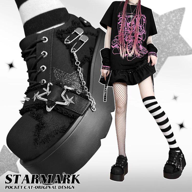 Lavendel Y2K Gothic Chunky Sohle Denim Plateau Schuhe für Damen - Frühling Herbst Runde Zehe