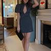 2026 Womens Casual Polka Dot Cutout Puff Sleeve Mini Dress High Waist Slim Fit