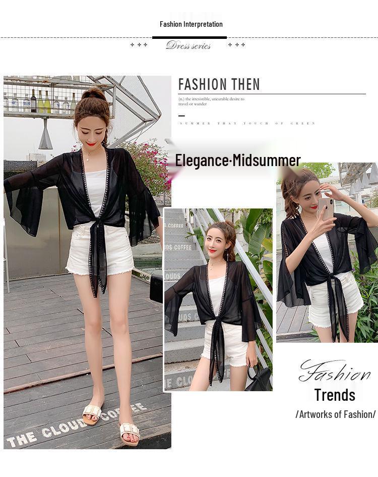 Women's Chiffon Sun Protection Cardigan - Loose, Versatile, Bell Sleeve, Trendy Outerwear