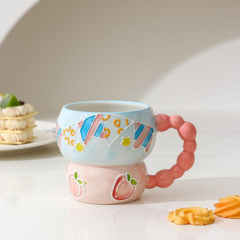 Hand-painted Relief Gourd Ceramic Cup Aesthetic Value, Breakfast Large Capacity, Cute Oatmeal Mug, Home Drinking Wate Drinkware