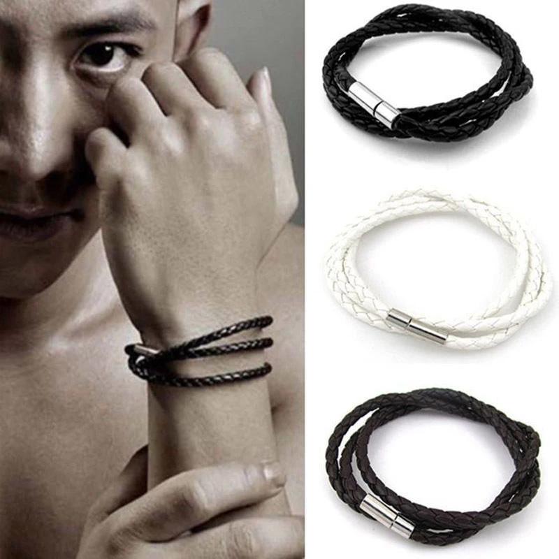 Fashion Multi-layer Wrap Braid Long Chain PU Leather Bracelet Adjustable Magnet Buckle Unisex Stackable Jewelry For Women Men