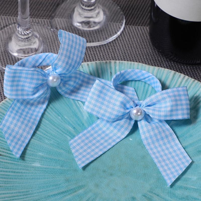 12Pcs Striped Bowknot Tie Napkin Rings Satins Fabric Pearls Embellishment Dining Table Decoration Desktop Accessories