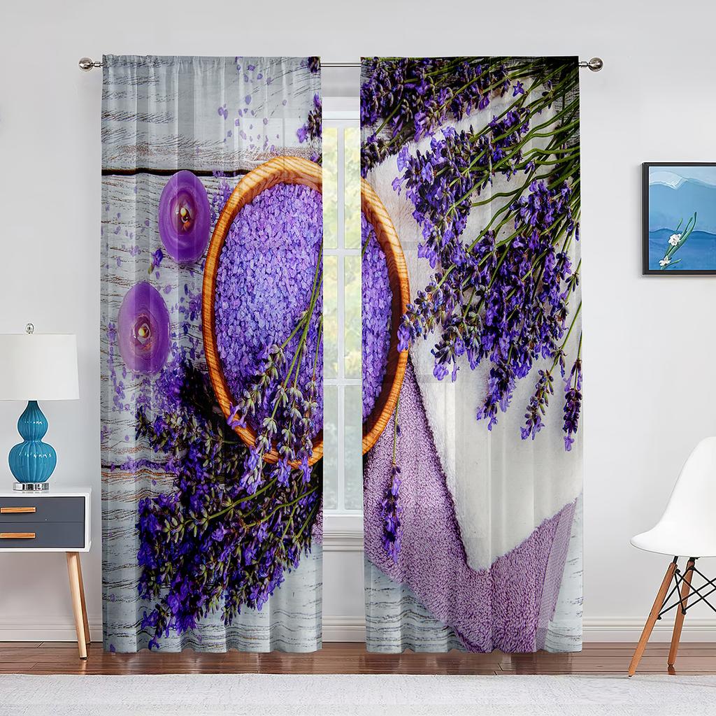 Rustic Lilac Flower Purple Lavender Floral Sheer Curtains for Living Room Bedroom Kitchen Tulle Voile Curtains Windows Drapes
