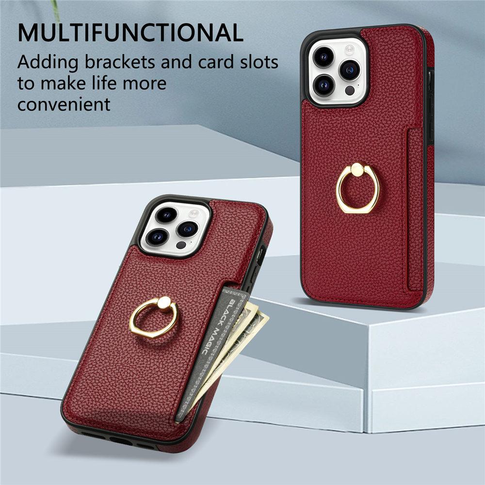 Ring Holder Cards Slot Leather Phone Case For iPhone 16 15 14 Plus 13 12 11 Pro Max XR XS 7 8 Shockproof Cover Coque