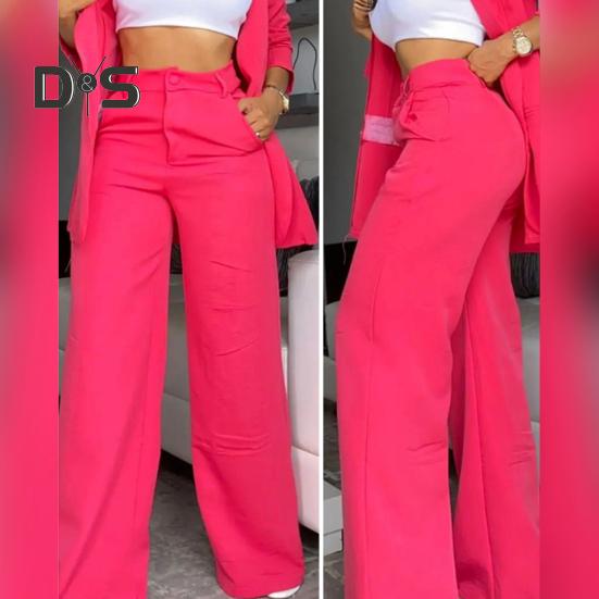 2 Pcs/Set Women Coat Pants Suit Single-breasted Turn-down Collar Long Sleeve Catdigan Jacket Wide Leg Straight High Waist Pants Lady Commute Coat