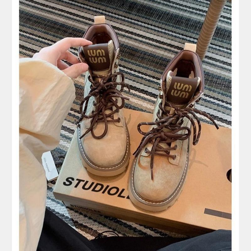 Cowhide Short Boots Double Shoelaces Platform Classic Leather Martin Boots Women's Outdoor Mountaineering Tooling Boots
