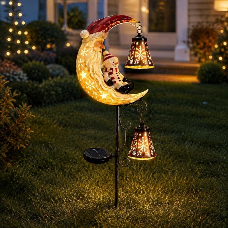 Moon Holiday Figure Garden Stake Light for Christmas Yard Styling, Solar Outdoor Accent with Warm Light for Lawn Spots and Entry Views
