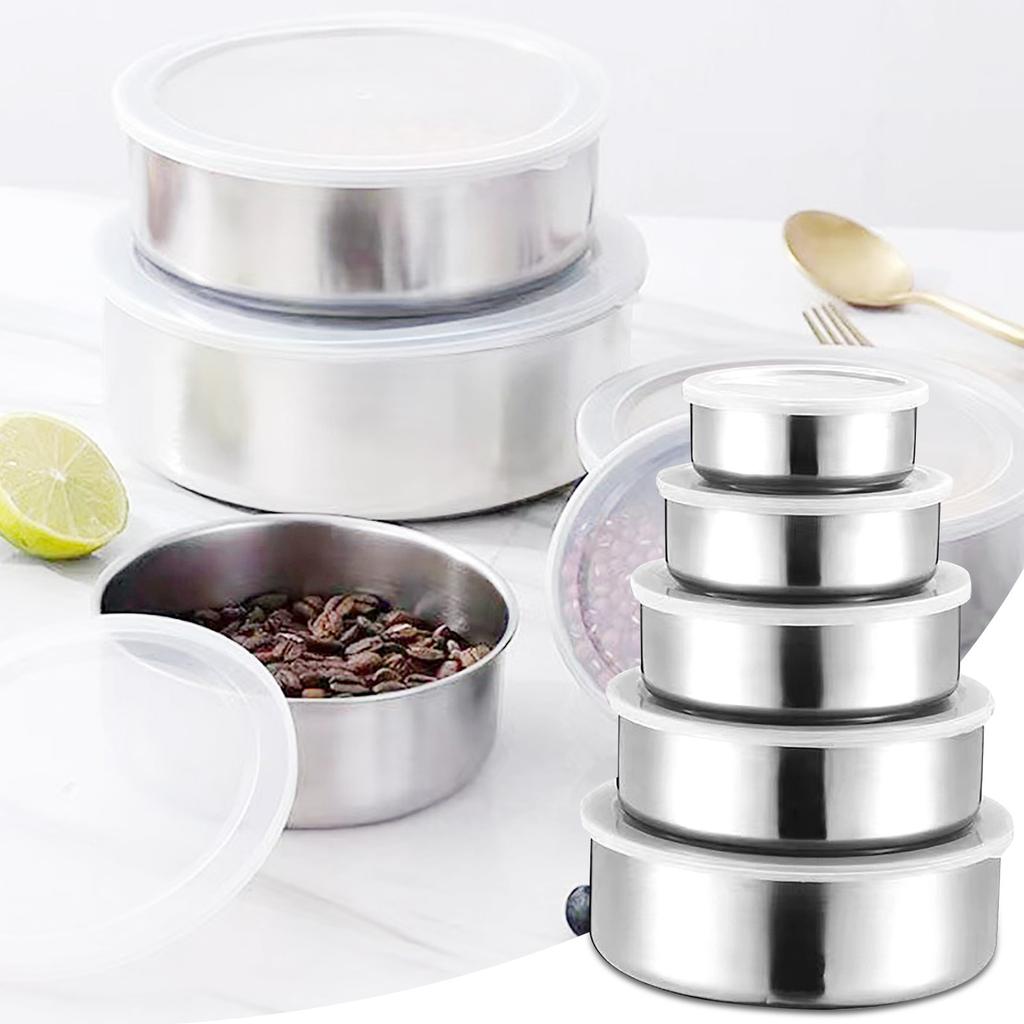 Storage And Preservation Box, Stainless Steel Circular With Cover, Five Piece Set, Storage And Sealing Bowl