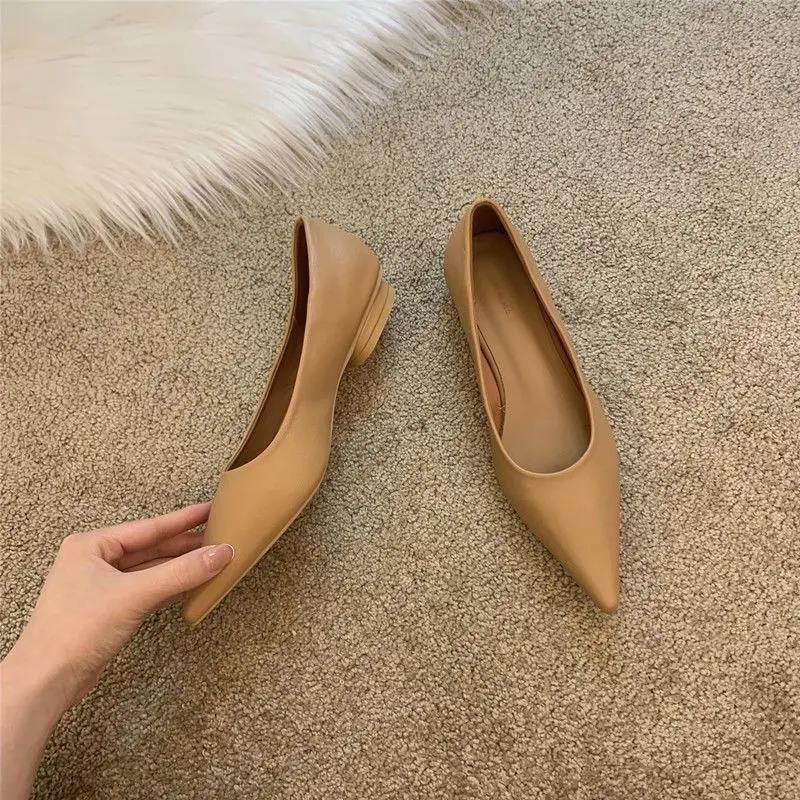 Office Shallow Pointed Toe Beige Fashion Leather Casual Shoes For Women Low Heel Elegant Woman Footwear Genuine Mark Wholesale L