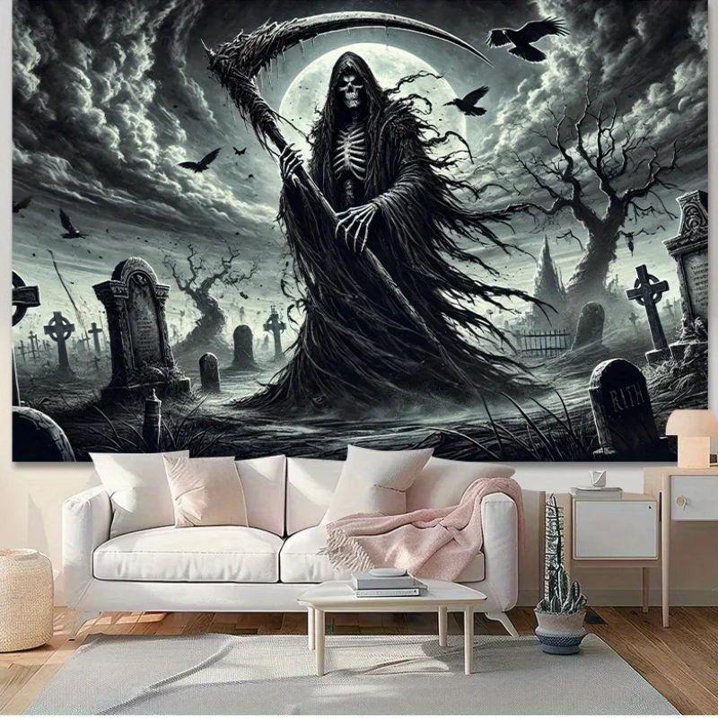 Grim Reaper tapestry creepy cemetery scene 75x100 чёрный