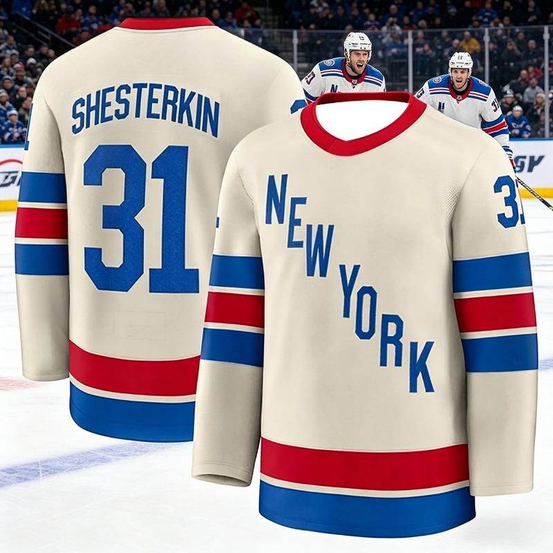 2026 Neuer Herren Eishockey Trainingsanzug - Rangers Team Serie 3D Stickerei Feuchtigkeitsableitend Weiß Langarm Oberteil Kinder