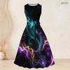 Women Plus Size Two Piece Set Sleeveless Round Neck Tie Waist Printed Flared Dress 3 4 Sleeve Open Front Cardigan