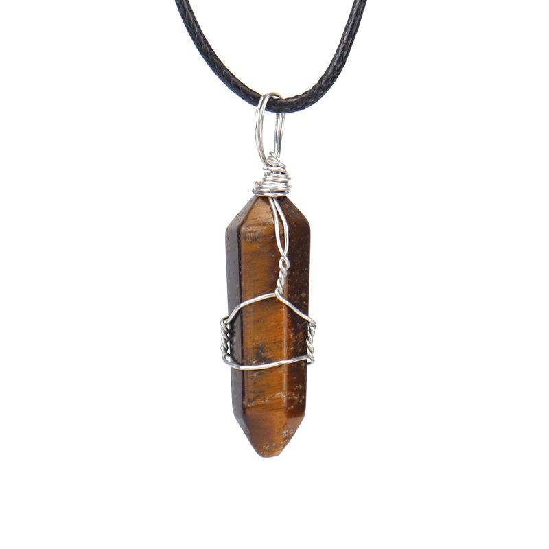 Hand-Wound Natural Stone Crystal Hexagonal Column Pendant Necklace N538 Geometric Beauty