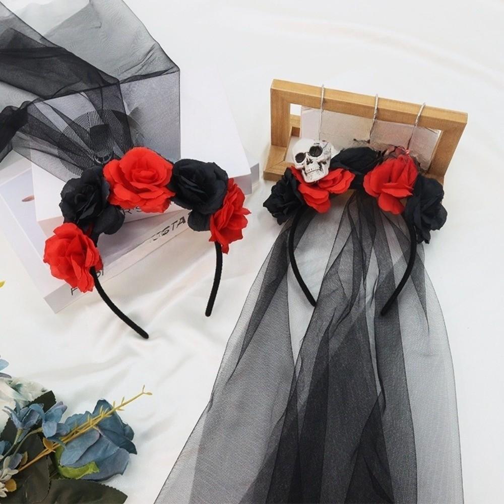 Black Rose Skull Hair Band Lace Cosplay Headdress Cool Halloween Headband Girl