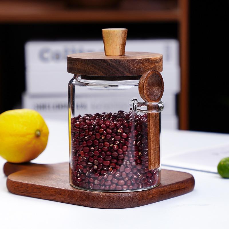 New household thickened honey storage tank with stirring stick Acacia wood cover transparent glass food sealed jar