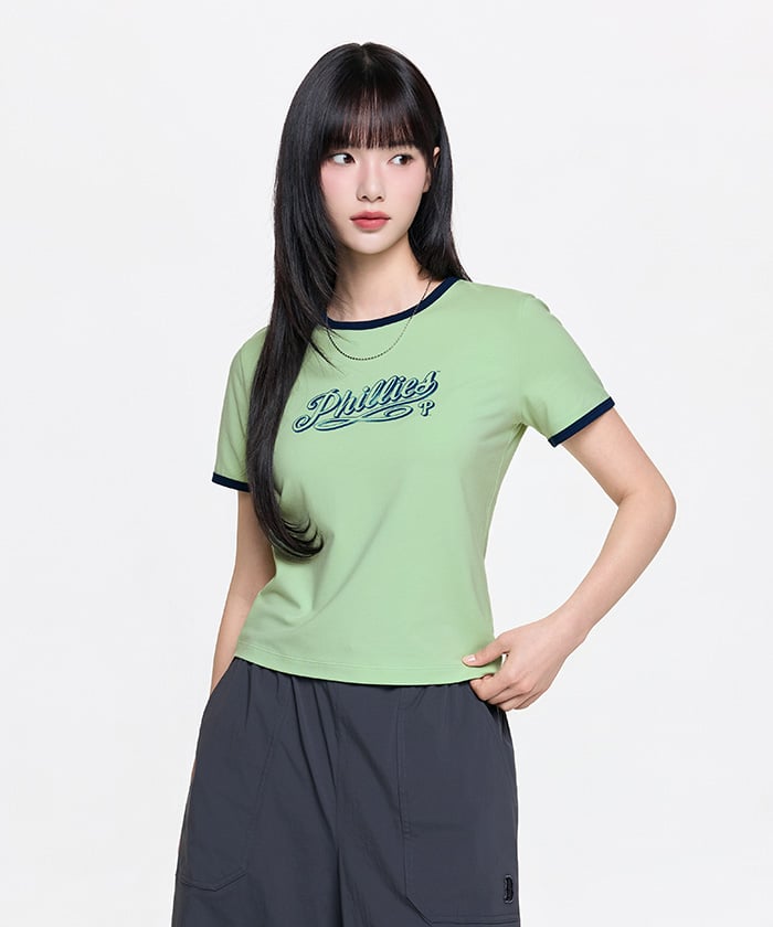 Emelbi Women'S Lettering Slim Semi-Crop Ringer T-Shirt Phi (Ptn.Green)