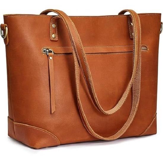 Genuine Leather Tote Bag for Women Work Shoulder Crossbody Purses Handbag with Outside Pockets