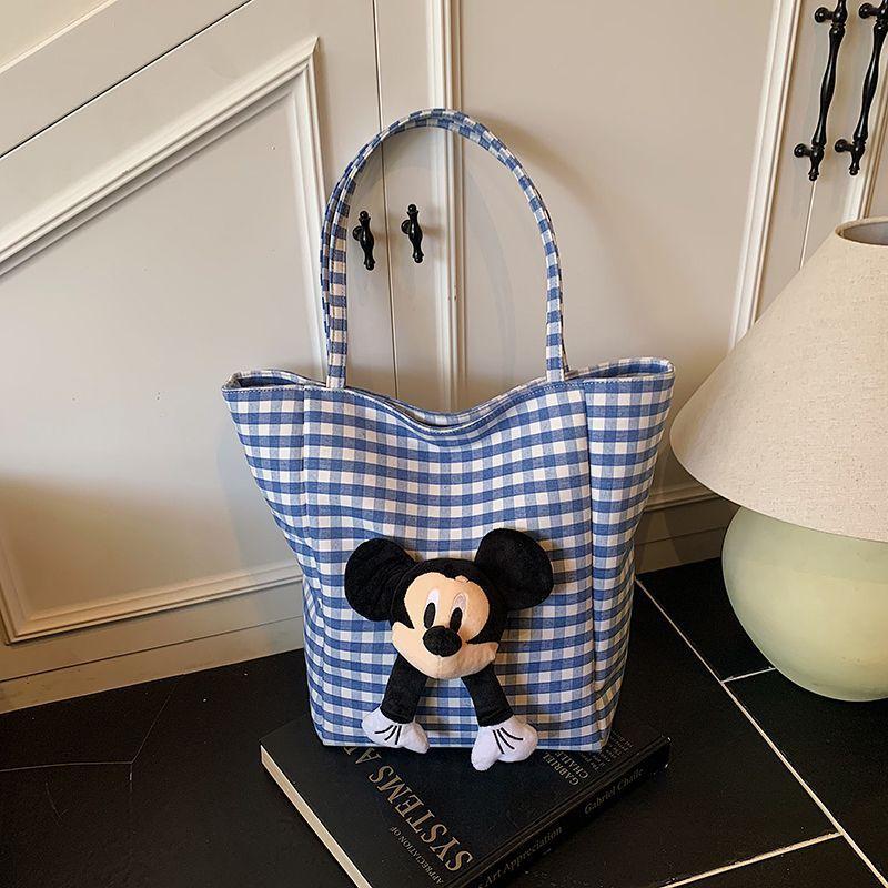New striped large-capacity canvas bag women's cute fashion plaid single shoulder cartoon commuting lazy wind tote bag