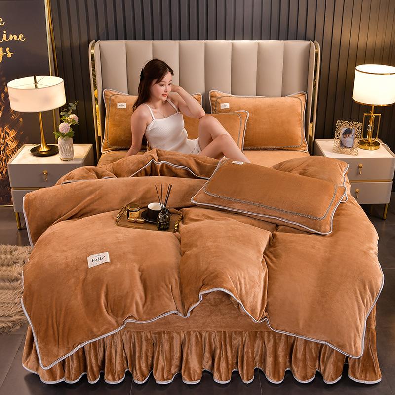 Solid color milk fleece four-piece set, winter thickened warm student dormitory bed sheet four-piece set