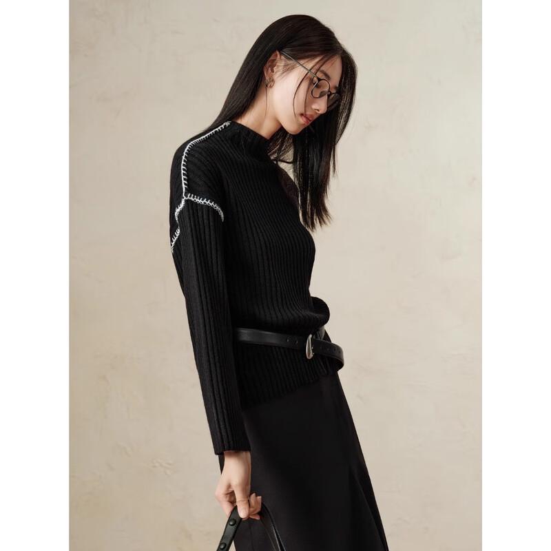 JUZUI ANNACOLL Women's Color Block Mock Neck Long Sleeve Wool Blend Knit Sweater