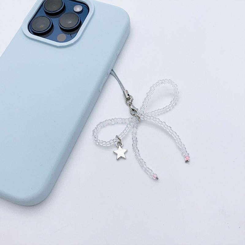 Beaded Bowknot Star Hanging Pendant Sweet Phone Strap Bag Decoration Portable Hanging Lanyard Gift for Girls Women