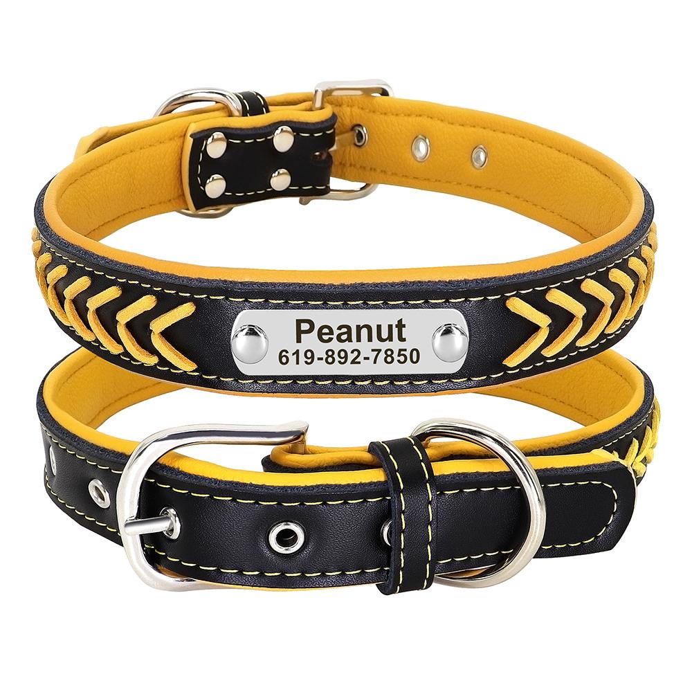 Personalized PU Leather Dog Collar Custom Braided Dog Collars Padded Pet Necklace Free Engraving for Small Medium Large Dogs Pug