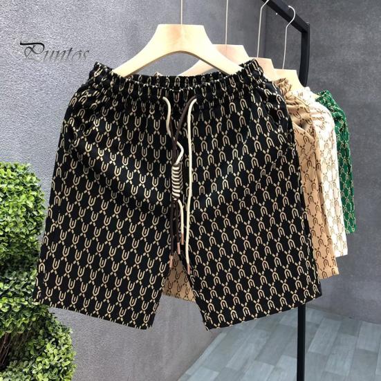 Men Summer Shorts Elastic Waist Adjustable Drawstrings Casual Shorts with Pockets Printing Wide Leg Beach Shorts Streetwear