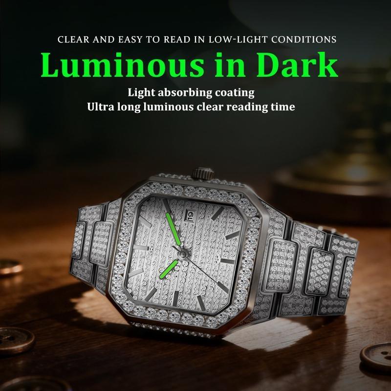Luxury Full Diamond Watch Men Sparkling Rhinestone Dial Stainless Steel Bracelet Women Elegant Bling Dress Watch