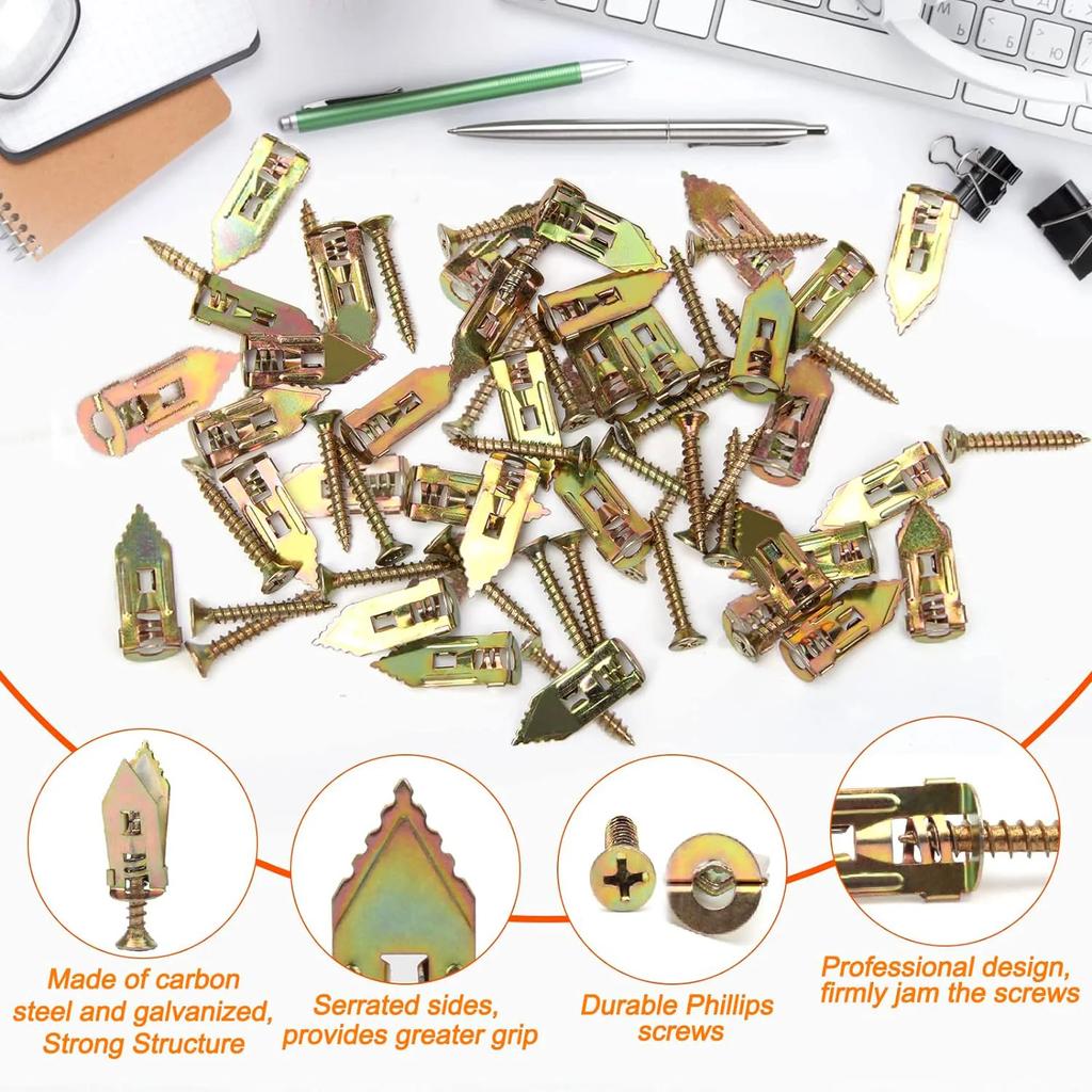 10/25/50Pairs 1Anchor and 1Screw/Pair Self-Drilling Drywall Anchors and Screws Zinc Plated Steel Hollow Wall Anchors and Screws