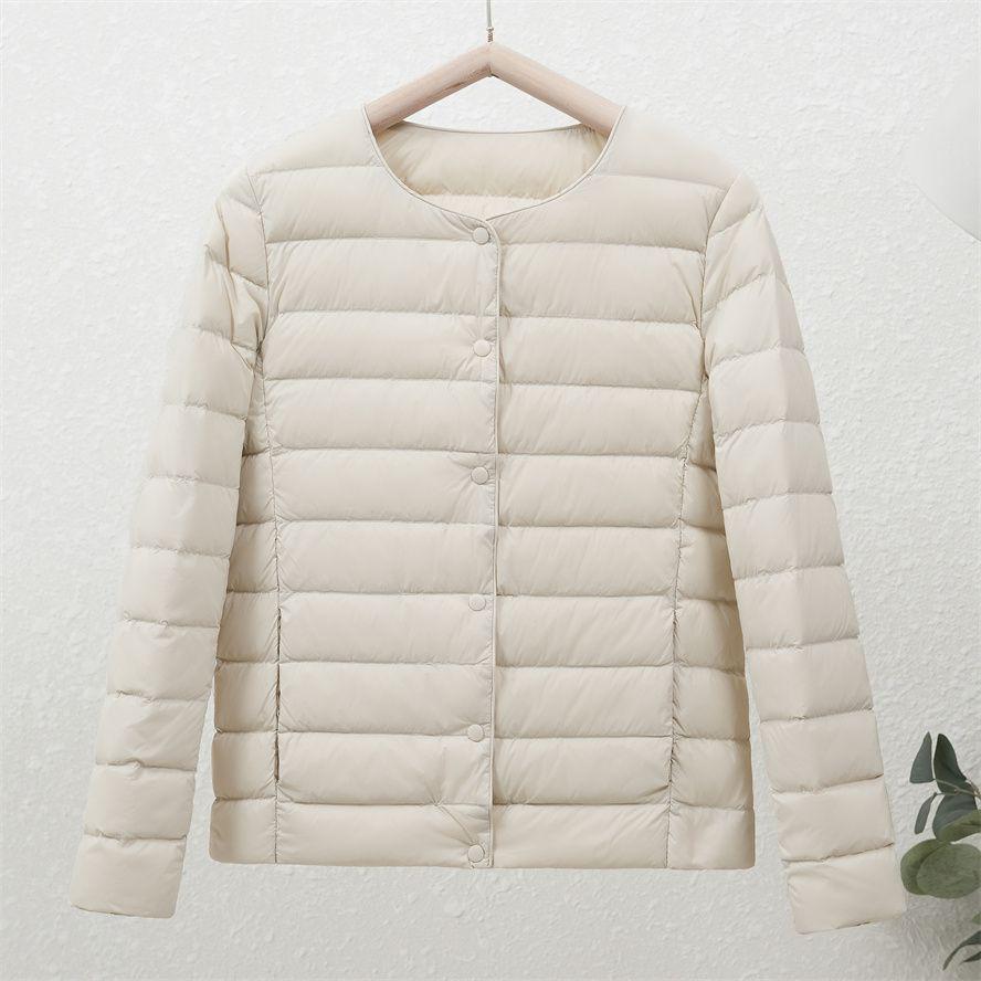 Women's 90% White Duck Down Lightweight Short Jacket - Round Neck, Solid Color, Warm and Collarless for Autumn/Winter