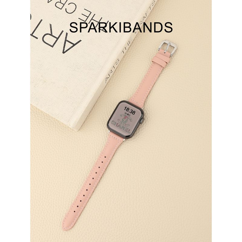 

Suitable for Applewatchs10 Apple Iwatchs9 Genuine Leather 8 Watch Strap Ladies New Se Pure Color Ultra2 Purple Small Waist Square Buckle Summer Fancy Pink leather small waist buckle 46MM Generation 10