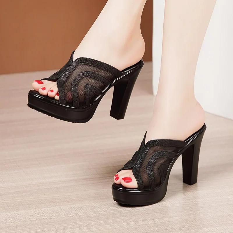 10cm Small Size 32-43 Fashion Glitter Mesh Leather Slippers Summer Shoes 2025 Block High Heels Slides Platform for Office Party
