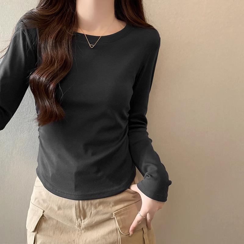 Pure cotton long-sleeved bottoming shirt for women in autumn and winter 2024 new curved hem irregular T-shirt with fleece top inside