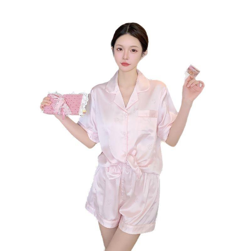 Plus Size Women’s Summer Ice Silk Pajama Set Short Sleeve Top and Shorts Lightweight Loungewear Sleepwear