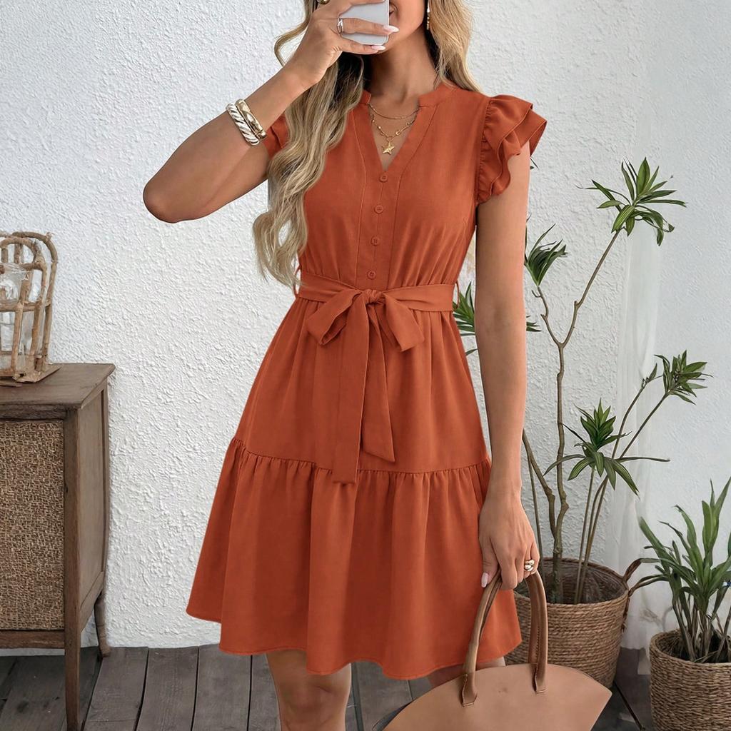 Women's Fashion V-neck Short Sleeve  A- Line Skirt Lace-up Waisted Dress