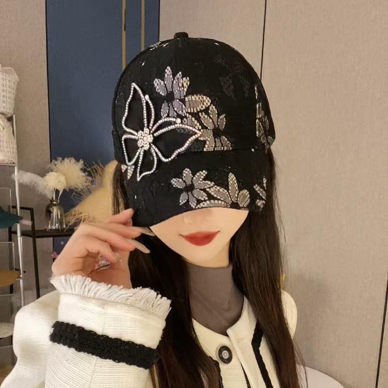 Summer lace thin hat women's breathable sunscreen rhinestone butterfly baseball cap street fashion versatile cap tide