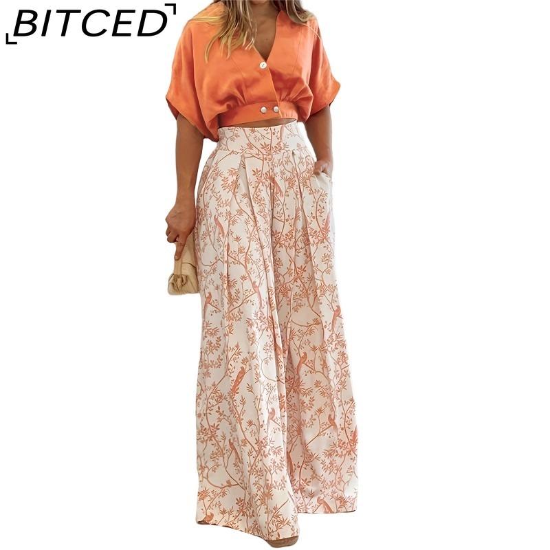 BITCED Summer Set Shirt Top with V-Neck Fashion Print Wide-Leg Trousers Stylish Set