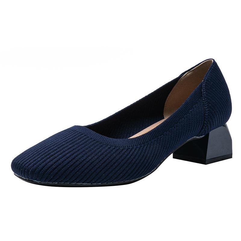 Women’s Breathable Knit Square Toe Chunky Heel Casual Shoes - 4cm Medium Heel, Plus Size, Soft Sole, Summer Style.
