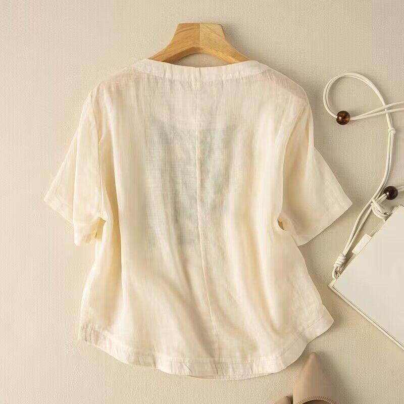 Embroidered cotton and linen top literary retro loose feeling short-sleeved cotton and linen T-shirt summer new women