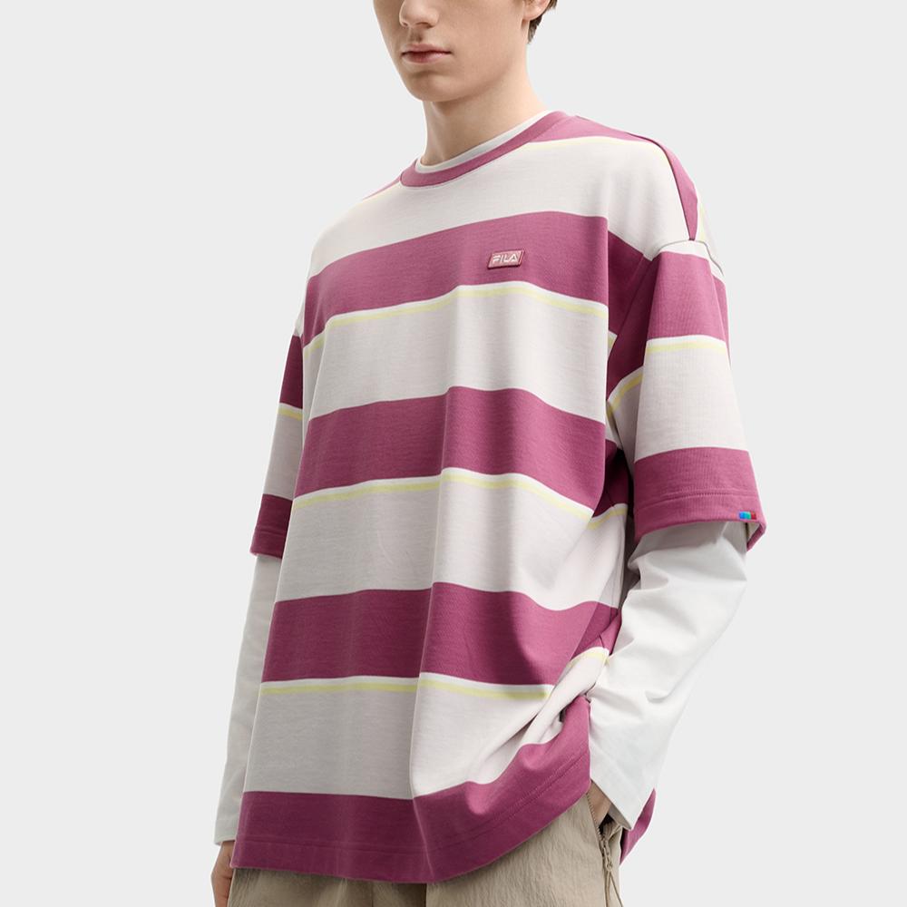 Fila Lifestyle Original Fashion Comfortable Loose Striped Color Block Design Short Sleeve T-Shirt Unisex Tops Brick-Red F51M529107F-WI
